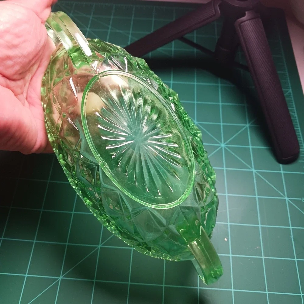 Imperial Glass Green Uranium Diamond Block 2~Handle Pickle / Sundae Dish.